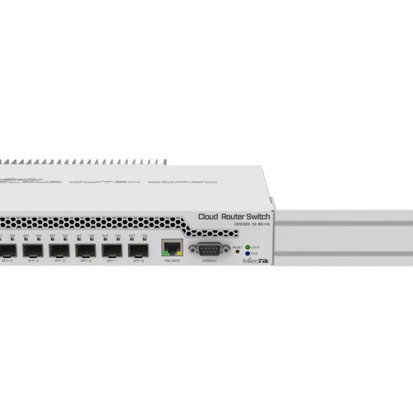 Mikrotik CRS309-1G-8S+IN Cloud Router Switch 309-1G-8S+IN with Dual core 800MHz CPU, 512MB RAM, 1xGigabit LAN, 8xSFP+ cages, RouterOS L5 or SwitchOS (dual boot), passive desktop case, rackmount ears, PSU