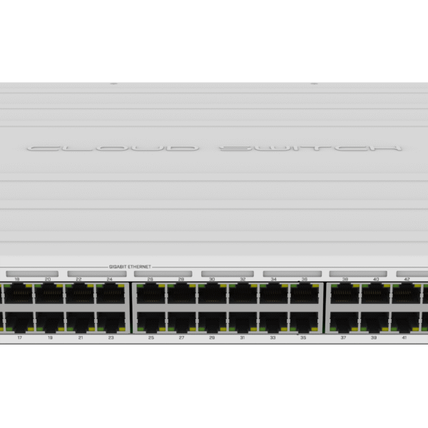 Mikrotik CRS354-48P-4S+2Q+RM Cloud Router Switch 354-48P-4S+2Q+RM with 48 x Gigabit RJ45 LAN (all PoE-out), 4 x 10G SFP+ cages, 2 x 40G QSFP+ cages, RouterOS L5, 1U rackmount enclosure, 750W PSU
