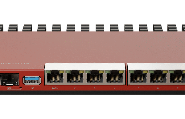 Mikrotik L009UiGS-RM with dual core 800MHz CPU, 512MB RAM, 8 x Gbit LAN, 1 x 2.5 Gbit SFP port, USB, desktop/1U rackmount case, PSU, K-79 rackmount kit, RouterOS L5