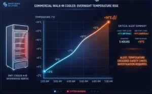 Temperature rise in a commercial cooler overnight from 3°C to 14°C